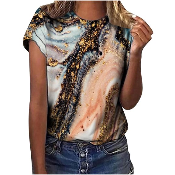 Otvok Women'S Tops Fashion Casual Loose Blouse Stone Gradient Printed Round Neck T-Shirt Blouse Summer Tee