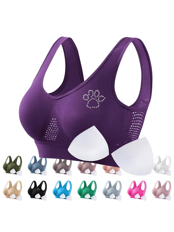 Women Seamless Padded Sports Bra, Rhinestone Paw Decor Vent Mesh Wirefree Tank Bra for Jogging Fitness