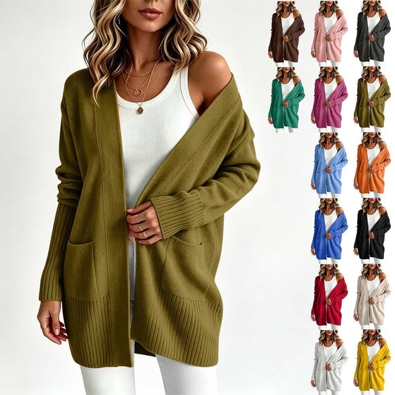 Otvok Women Soft Open Front Knit Cardigan, Drop Shoulder Long Sleeve Mid Length Loose Sweater Coat with Side Pockets