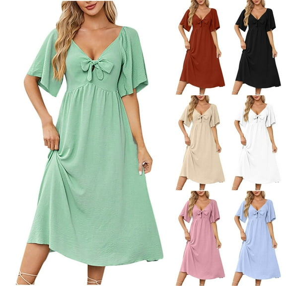 Otvok Women Solid Color V-Neck Short Sleeve Bow Fold Retract Your Waist Medium Length Dress