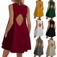 thumbnail image 1 of Otvok Women Solid Sleeveless Cutout Back Sundress Beach Swimwear Summer Mini Dresses with Pocket, 1 of 6