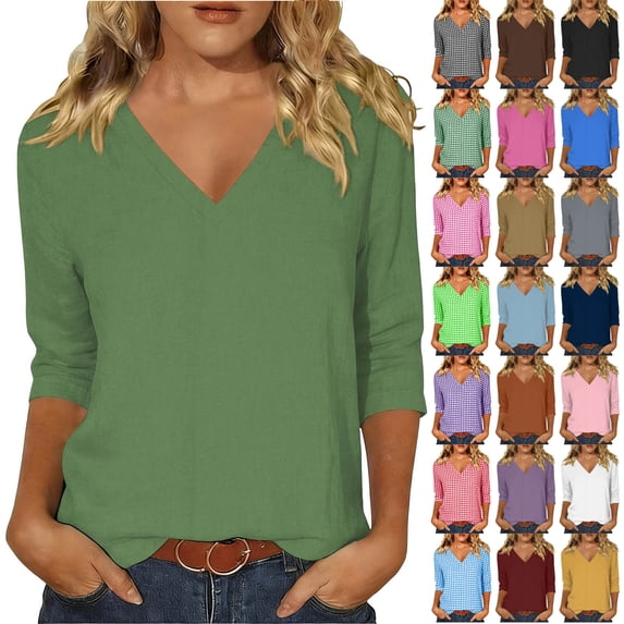 Otvok Women Solid V Neck Blouse, 3/4 Sleeve Loose Lightweight Linen Casual Tunic Top
