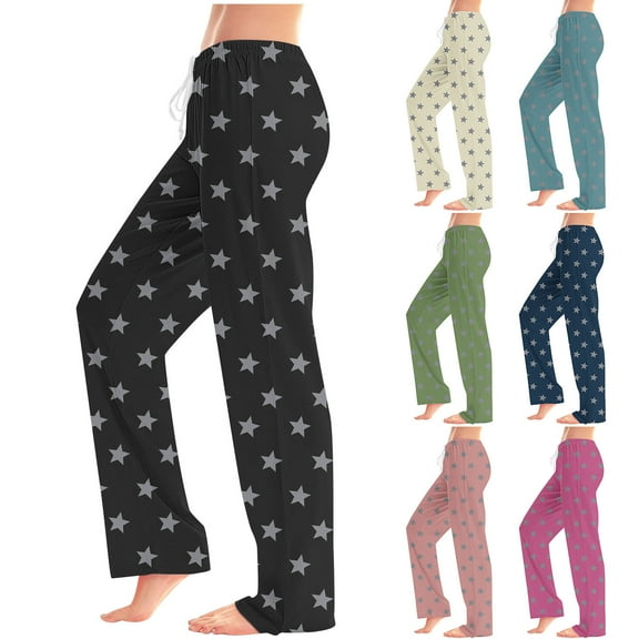 Otvok Women Star Print Pants Elastic Waist Draw Rope Pocket Full Length Pants