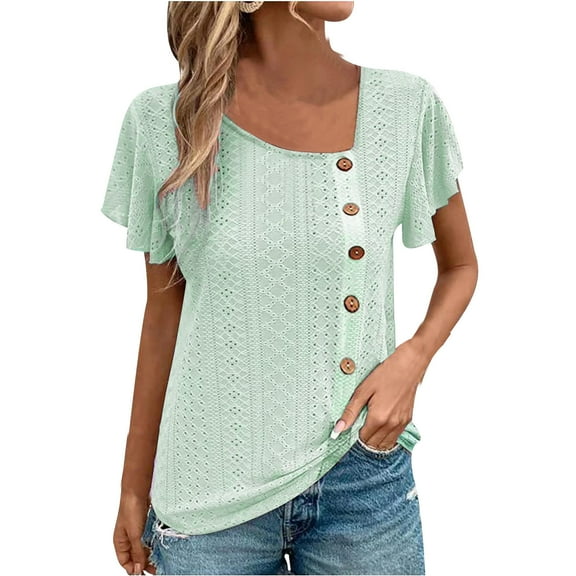 Otvok Women Summer Tops Casual Solid V-Neck Hollow-Out Slant Neck Single Breasted Sleeve Short Sleeve Blouse