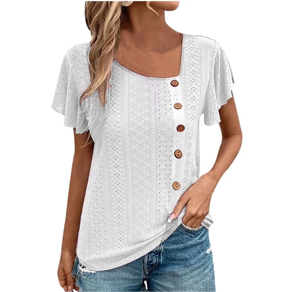 Otvok Women Summer Tops Casual Solid V-Neck Hollow-Out Slant Neck Single Breasted Sleeve Short Sleeve Blouse