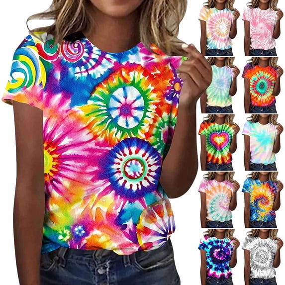 Otvok Women Tie-Dye T Shirts Summer Casual Graphic Round Neck Short Sleeve Trendy Workout Blouses Basic Tees Tops