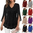thumbnail image 1 of Otvok Women's 3/4 Sleeve Sequin Tops Elegant V Neck Double Layers Mesh Sparkly T-shirts Party Night Going Out Tops, 1 of 6