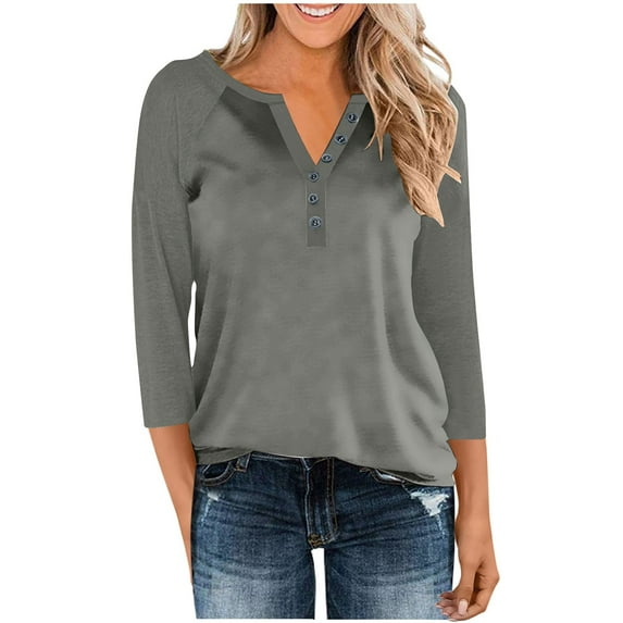 Otvok Women's Casual 3/4 Sleeve T Shirts Button V Neck Tunic Blouses Basic Tee Tops Loose Fit Autumn and Summer Shirt
