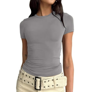 Otvok Women's Casual Basic Going Out Crop Tops Slim Fit Short Sleeve Crew Neck Tight T Shirts