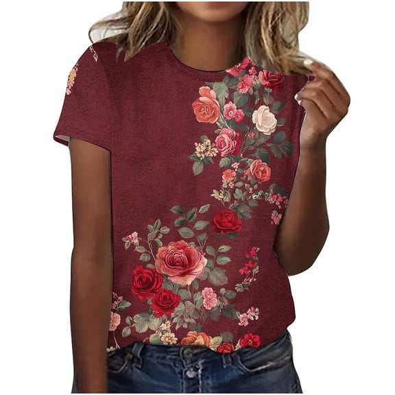 Otvok Women's Casual Pullover Retro Printed Round Neck Short Sleeved Blouses Shirts