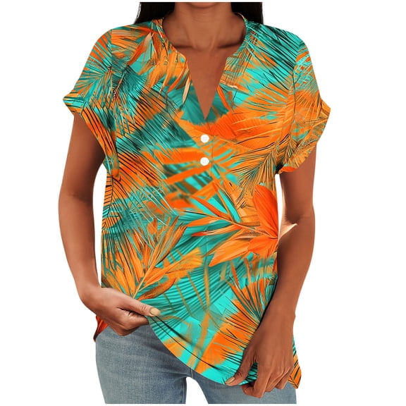 Otvok Women's Fashion Casual Printed V-Neck Loose Short Sleeve Raglan Sleeve Button Top