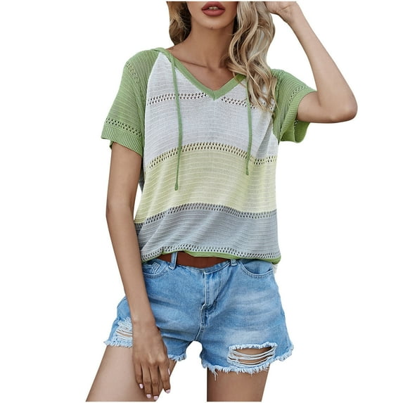 Otvok Women's Fashion Color Block Pullover Knitwear Short Sleeved Striped Short Sleeve Hooded Tops