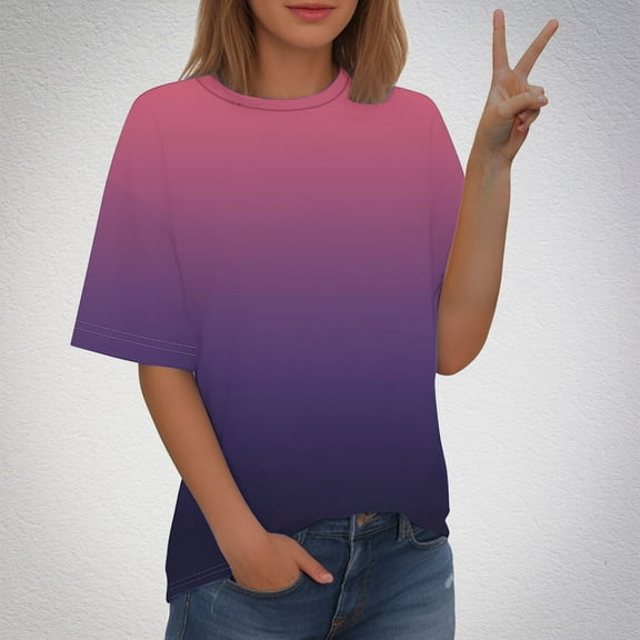 Otvok Women's Fashion Gradient Printed T-shirt Short Sleeve Blouse Round Neck Casual Plus Size Tops