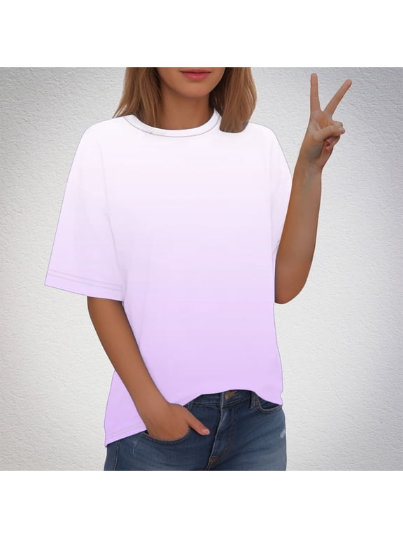 Women's Fashion Gradient Printed T-shirt Short Sleeve Blouse Round Neck Casual Plus Size Tops