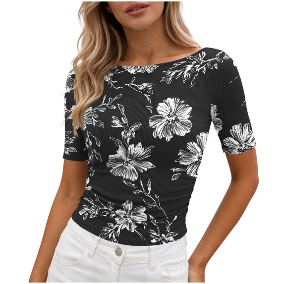 Otvok Women's Fashionable Blouses Dressy Casual Short Sleeve T-Shirts Round Neck Slim Fitted Tee Tops for Work Business