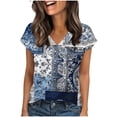 thumbnail image 1 of Otvok Women's Floral Print Satin V-Neck Top With Short Sleeves And Tied Waist Detail, 1 of 6