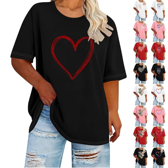 Otvok Women's Heart Print Day Plus Size Round Neck Short Sleeve Spring/Summer Base Layer T-Shirt