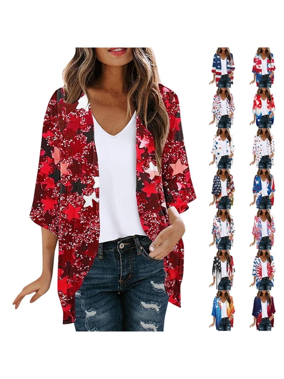 Women's Independence Day Sunscreen Fashionable Casual Printed 3/4 Sleeve Chiffon Cardigan Tops