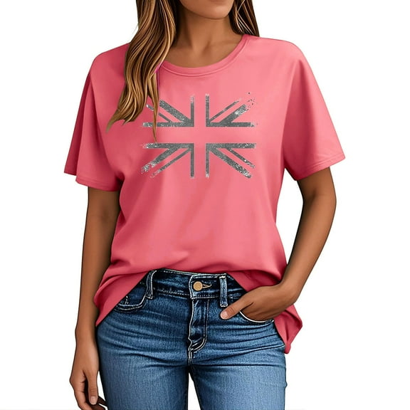 Otvok Women's New Short-Sleeved Crew-Neck Pullover Casual Independence Day Printed T-Shirt Tops