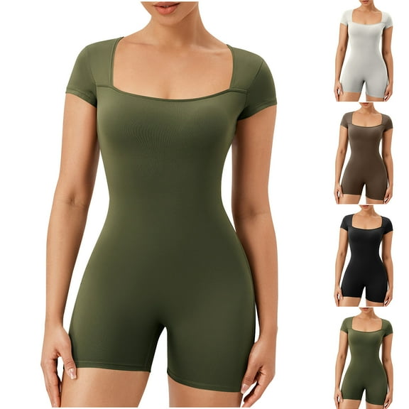 Otvok Women's One Piece Romper Bodysuit Square Neck Short Sleeve Slim Fit Summer Trendy Comfy Lounge Activewear Shorts Suit