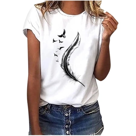 Otvok Women's Short Sleeve Shirts Graphic Feather Print Crewneck Tops, Summer Casual T-Shirts, Soft Dressy Blouses, Spring Outfits