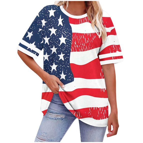 Otvok Women's Short Sleeve T-Shirt American Flag Graphic Tops Summer Casual Round Neck Patriotic Loose Fit Tee Outfits Fashion Clothes