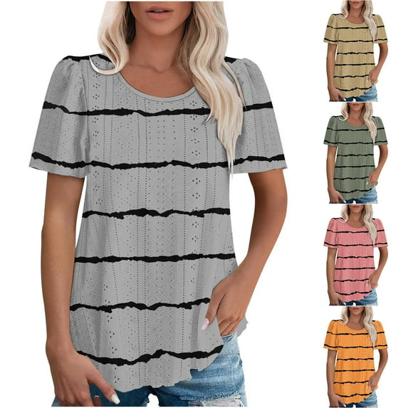 Otvok Women's Short Sleeve T-shirt Spring Summer Striped Printed Round Neck Bubble Sleeve Blouses