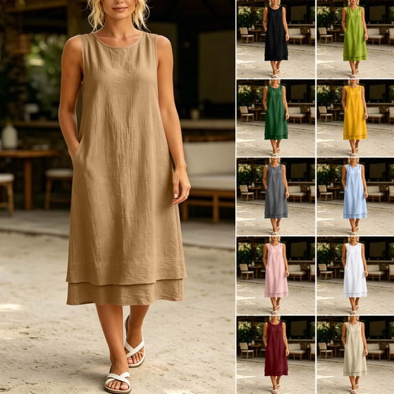 Otvok Women's Sleeveless Midi Dresses Tank Dress Round Neck Loose Fit Pocket Layered Hem Daily Summer Dress