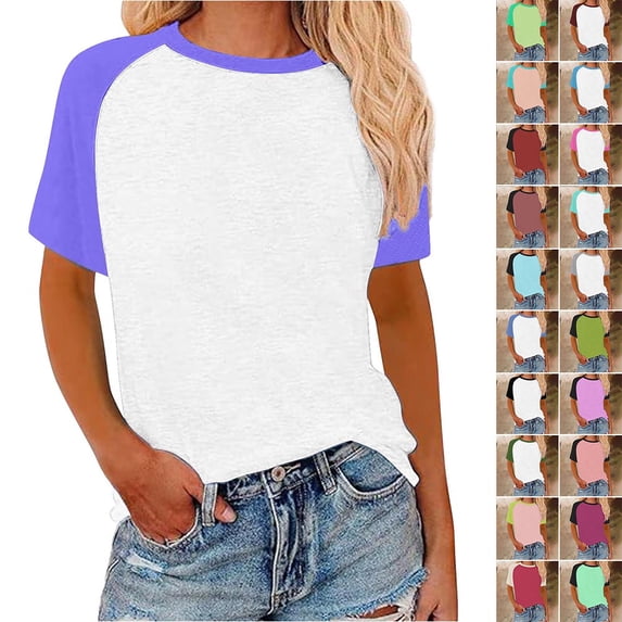 Otvok Women's Spring Summer T-shirts Contrasting Printed Short Sleeved Round Neck Pullover Fashionable Tops