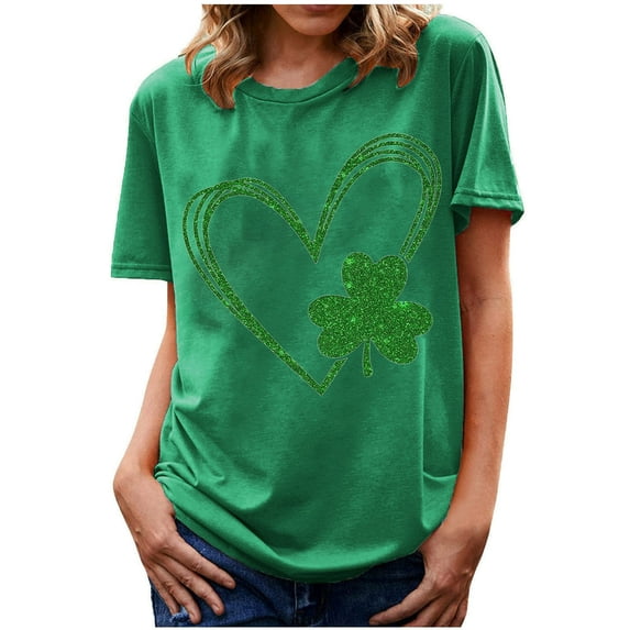 Otvok Women's St. Patrick'S Day T-Shirt Shamrock Heart Print Round Neck Short Sleeve Casual Tops