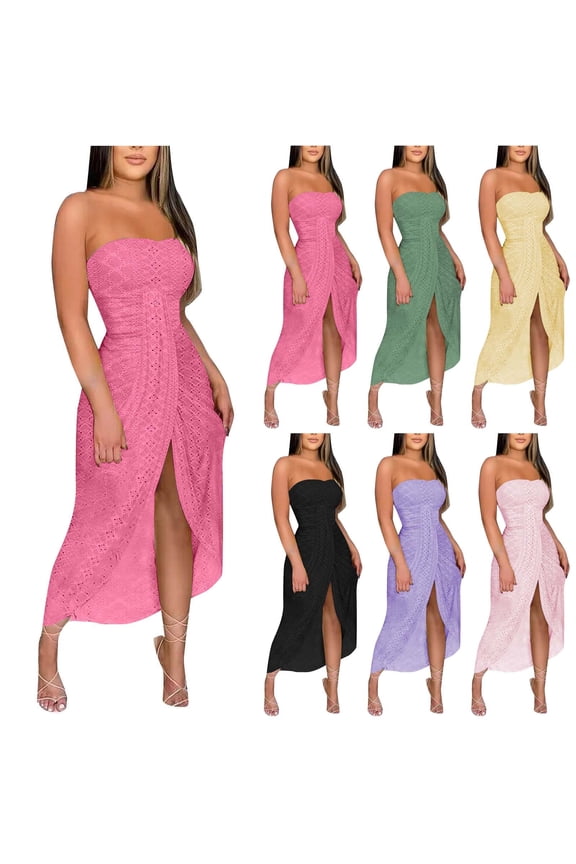 Women's Strapless Stretch Dress Solid Color High-Split Elastic Wrinkle Dress, Summer Dresses for Women