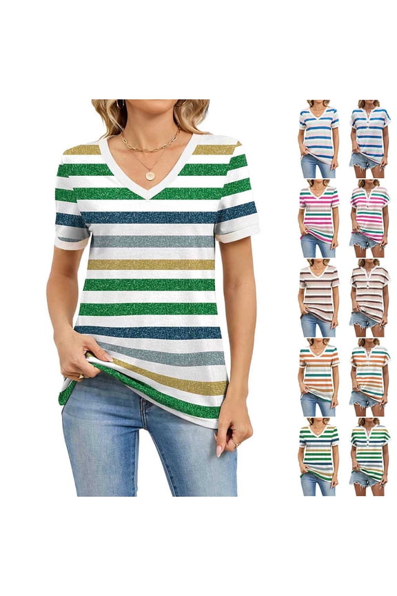 Women's Striped Print Short Sleeve Blouses Button V-Neck Pullover Casual Fashionable Top