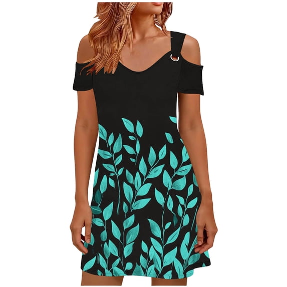 Otvok Women's Summer Cold Shoulder Dress V Neck Short Sleeve Leaf Print Beach Vacation Sundress Casual (Boho) Loose Mini Resort Dress