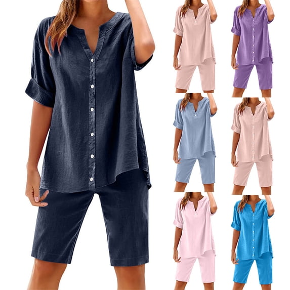 Otvok Women's Summer Linen Shorts Pants Short Sleeve Shirt Set, Women Casual Two-Piece Suit Beach Vacation Travel Outfits