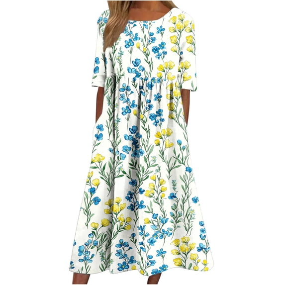 Otvok Women's Summer Short Sleeve A-Line Midi Dresses Casual Floral T-Shirt Dress Flowy Beach Sundress with Pockets