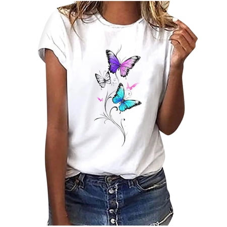 Otvok Women's Summer Tops Butterfly Print Graphic Crewneck Short Sleeve Shirt Dressy Casual Business Blouses Soft Lightweight Tee