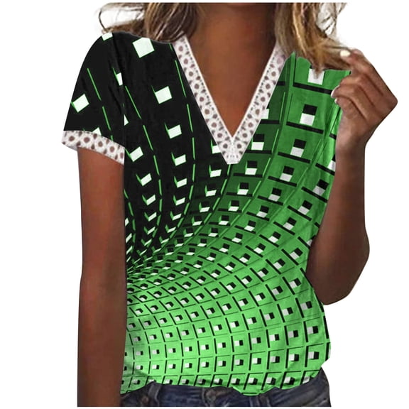 Otvok Women's Summer Tops V-Neck Lace Patchwork Printed Short Sleeve Casual Blouse S-Xxxl