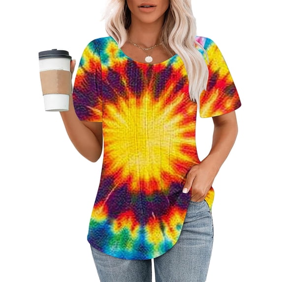 Otvok Women's Tunic Tops Pleated Loose Fit Short Sleeve Tee Shirt Crew Neck Summer Casual Tops