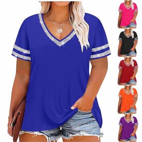 Otvok Women's V Neck Short Sleeve T-Shirts Sparkly Sequin Tops Summer 2026 Fashion Tee Loose Fit Plus Size Party Outfits Blouse