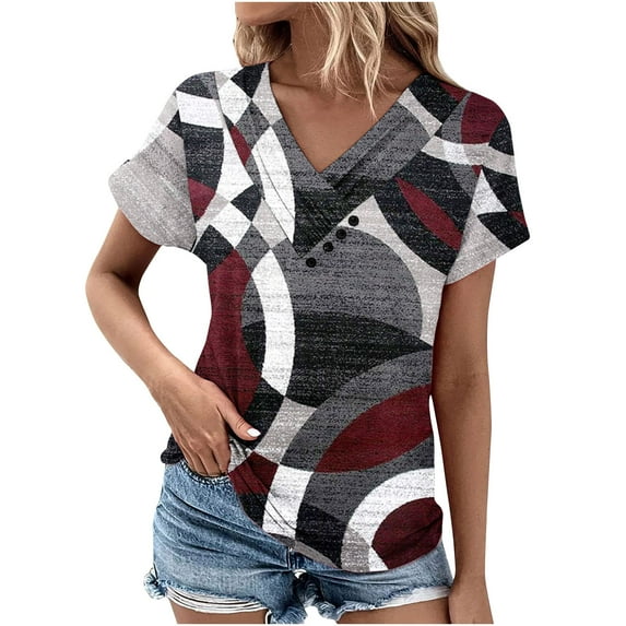 Otvok Women's V-Neck T-Shirt Printed Button-Up Summer Casual Short Sleeve Tops