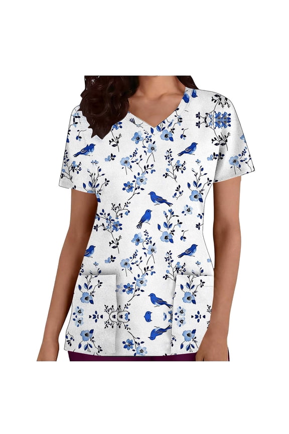 Women's V Neck T Shirts Short Sleeve Bird and Flower Print Graphic Summer Tops Casual Boho Floral Tees With Pocket Clothes