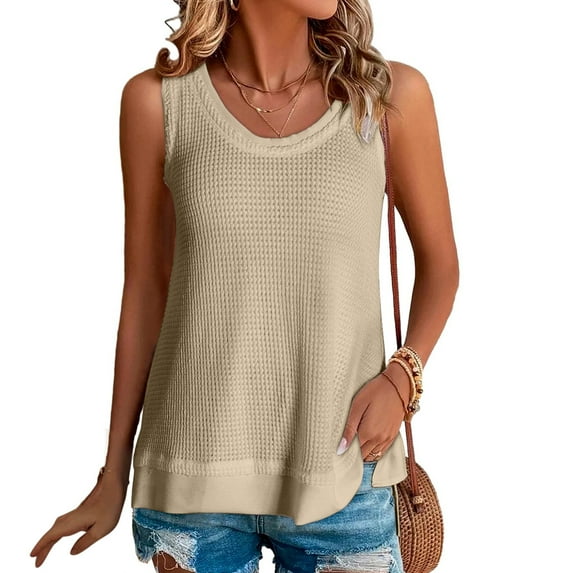 Otvok Women's Waffle Vest Summer Casual Solid Color Round Neck Patchwork Sleeveless Top T-Shirt