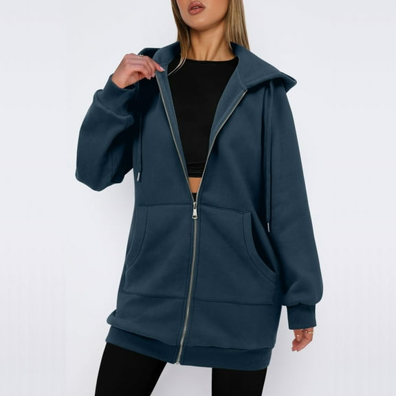 Otvok Women's Zip Up Hoodies Long Sleeve Long Sweatshirts Oversized Casual Fall Winter Jacket Coat with Pocket