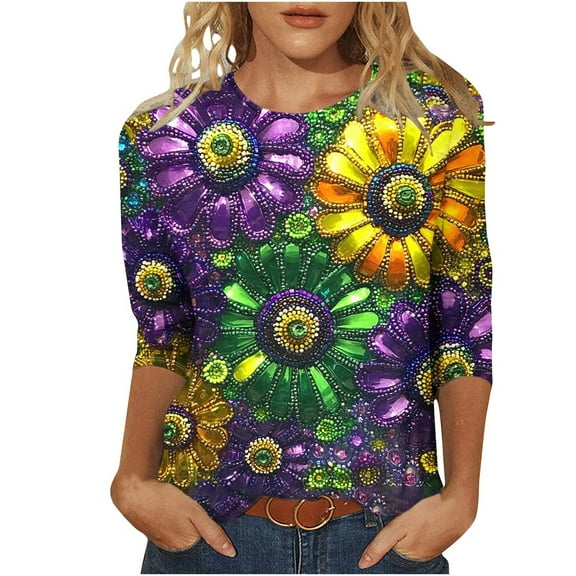 Otvok Womens 3/4 Sleeve Tops Round Neck Loose Casual Blouses Carnival Printed Tshirts