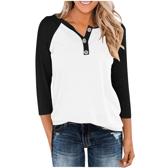 Otvok Womens 3/4 Sleeve Tops and Blouses Color Block Button V Neck T Shirts Loose Fit Three Quarter Sleeve Shirts