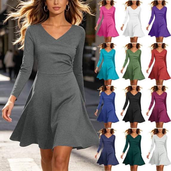 Otvok Womens A Line Flared Mini Dress, Surplice Wrap V Neck Long Sleeve Gown, Ruched Torso Business Casual Dress