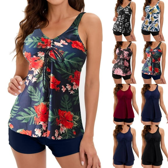 Otvok Womens Athletic 2 Piece Tankini Swimsuits with Shorts Swim Tank Tops with Boyshorts Bathing Suits