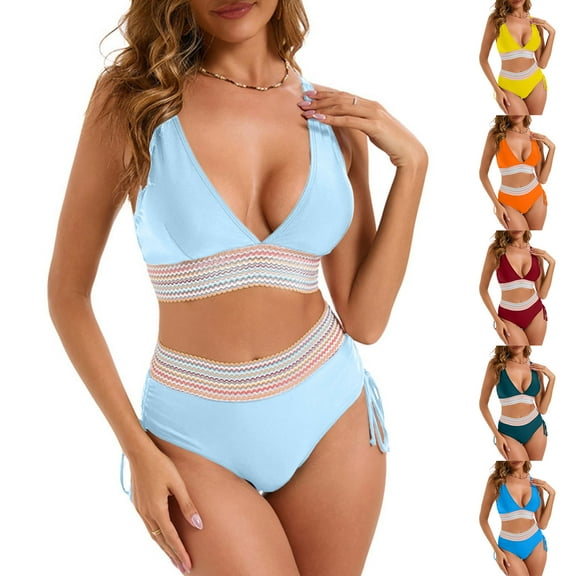 Otvok Womens Bikini High Waisted Split Color Suit With Drawstring Summer Swimsuit