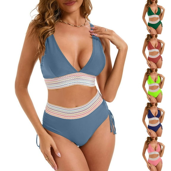 Otvok Womens Bikini High Waisted Split Color Suit with Drawstring and Belly Cinching Swimsuit