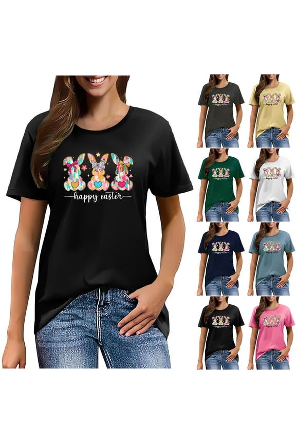 Otvok Womens Blouse Ladies Fashion Easter Printed Round Neck Short Sleeve Tops